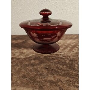 VINTAGE BOHEMIAN EGERMANN  CANDY JAR RUBY CUT TO CLEAR DEER MOTIF